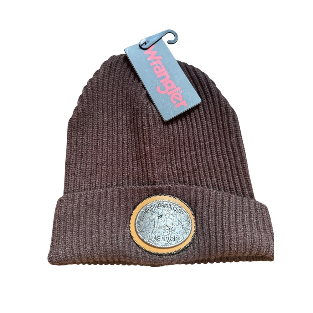 Wrangler Mens Brown Ribbed Knit Beanie Long‎ Live Cowboys Medallion Cuffed NEW